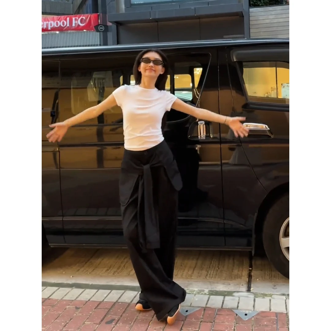 MARIE.COCO夏日极简风穿搭一整套女基础款修身白t恤黑色阔腿长裤