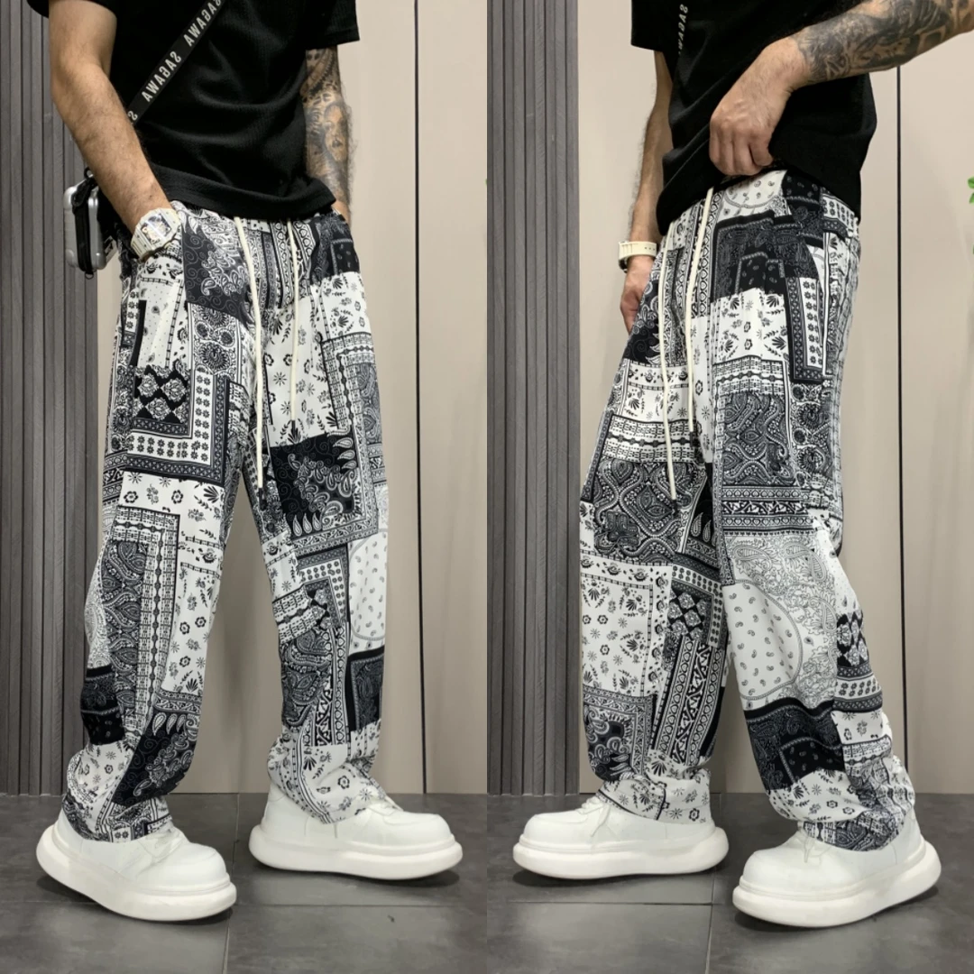 夏季裤子男中国风民族风印花萝卜裤潮大码宽松休闲裤冰丝垂感长裤