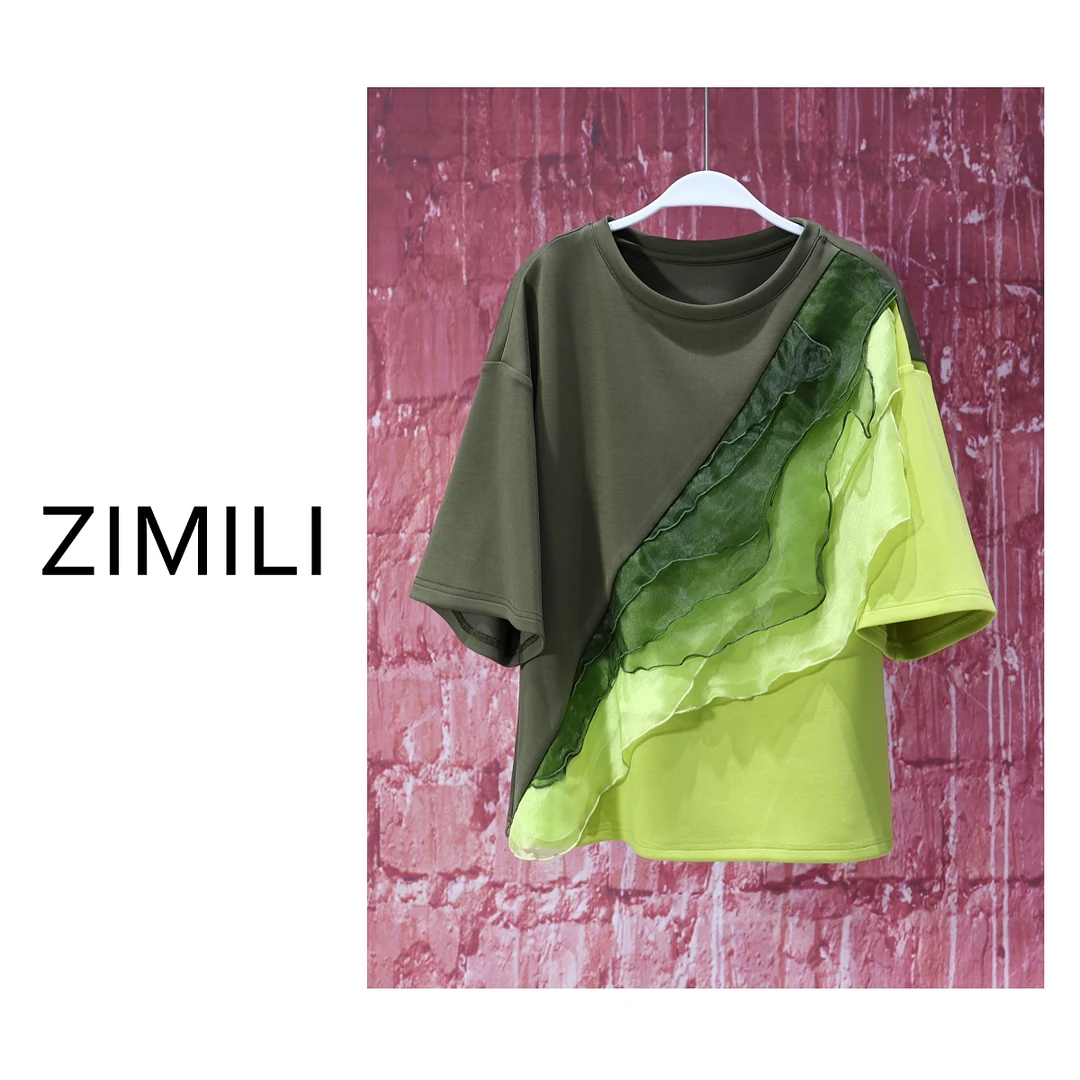 【亮哥女装】2025《绿意》橄榄绿撞色拼接青柠绿时尚重工短袖7652