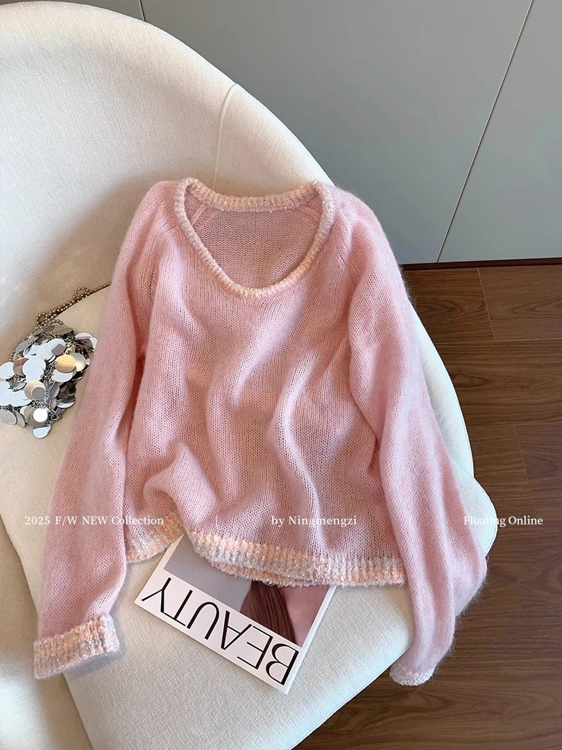 慵懒温柔风粉色花边马海毛毛衣女2025早秋新款甜美减龄气质针织衫