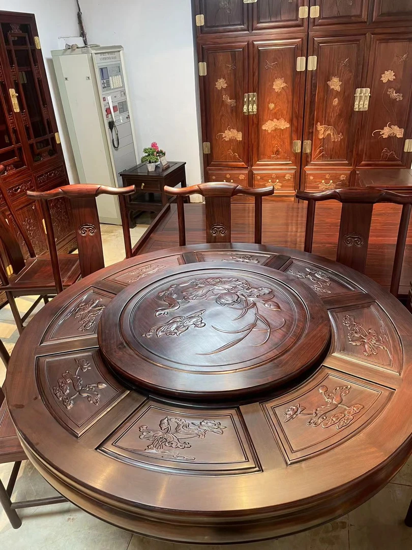 新【东非酸枝】复合链接圆桌台餐桌酸枝全实木榫卯送玻璃家用餐桌