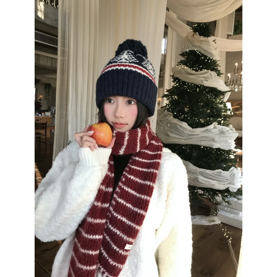 韩系复古条纹针织围巾女冬季保暖氛围感围脖学院风