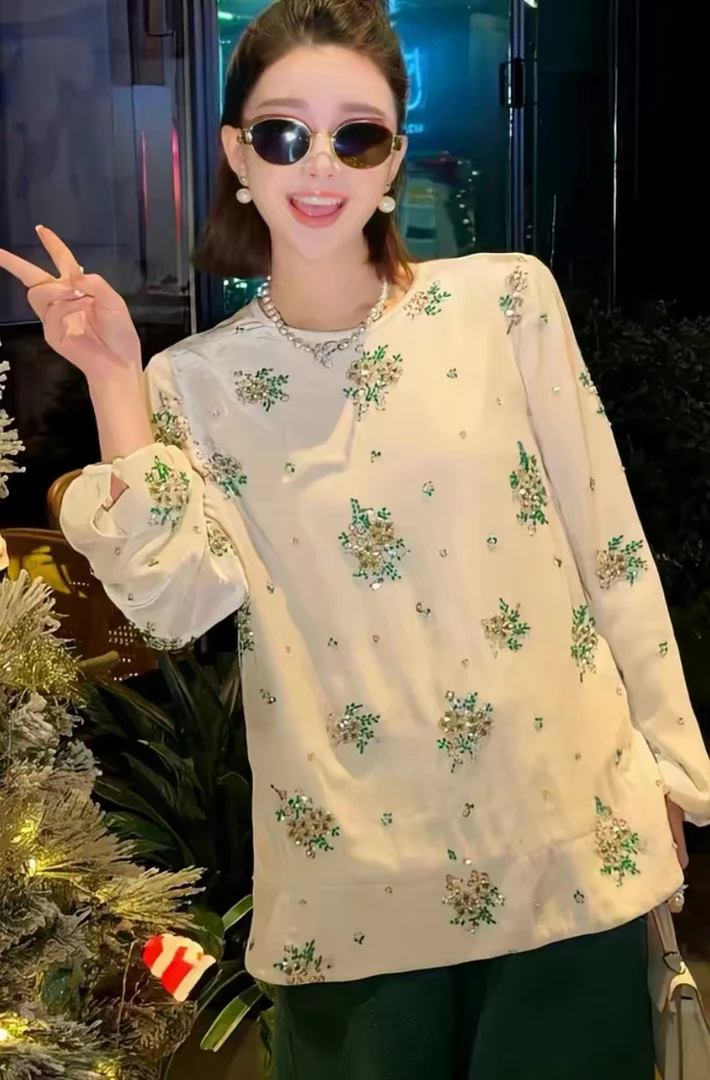 【芊朵专属】25079新中式国风刺绣亮片打底上衣2025新春爆款