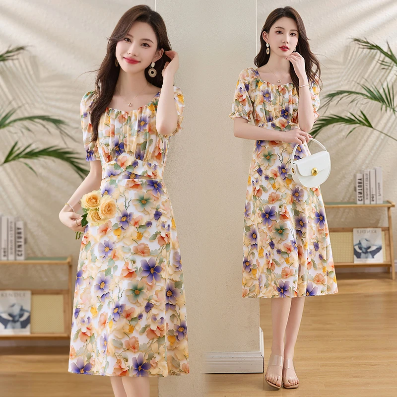 法式高级感碎花连衣裙女2025夏季新款修身显瘦小个子减龄雪纺裙子