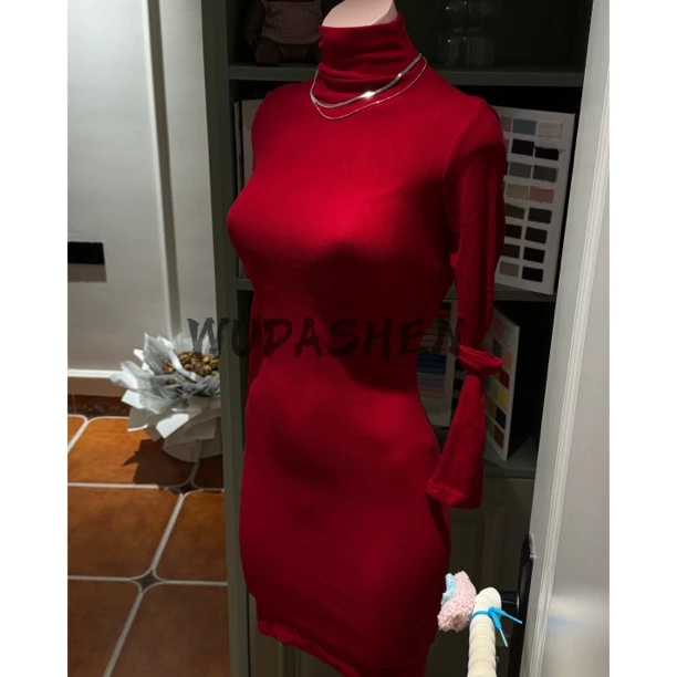 【你伍老板娘】新年红色高领披肩针织修身显瘦包臀长裙连衣裙秋冬