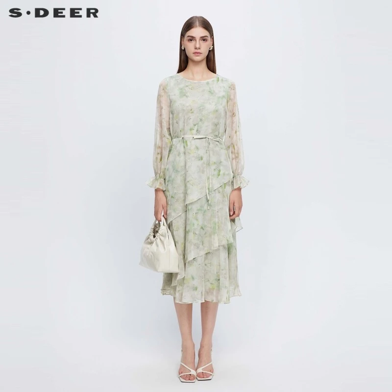 sdeer圣迪奥女装田园风圆领收腰印花不规则连衣裙S243Z1271