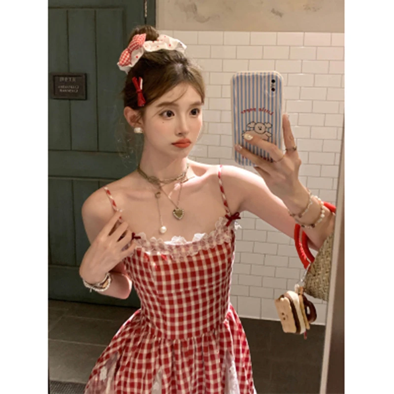 纯欲风高级感中长款红色格子吊带a字连衣裙女法式甜美小个子裙子
