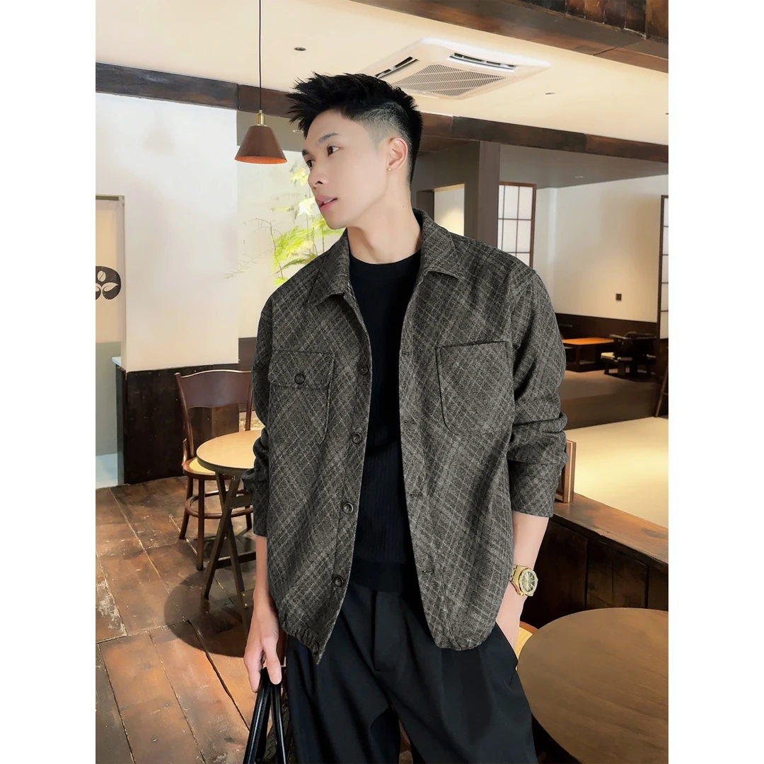 「菱形格艺术设计」秋冬复古撞色毛呢质感翻领宽松夹克外套男