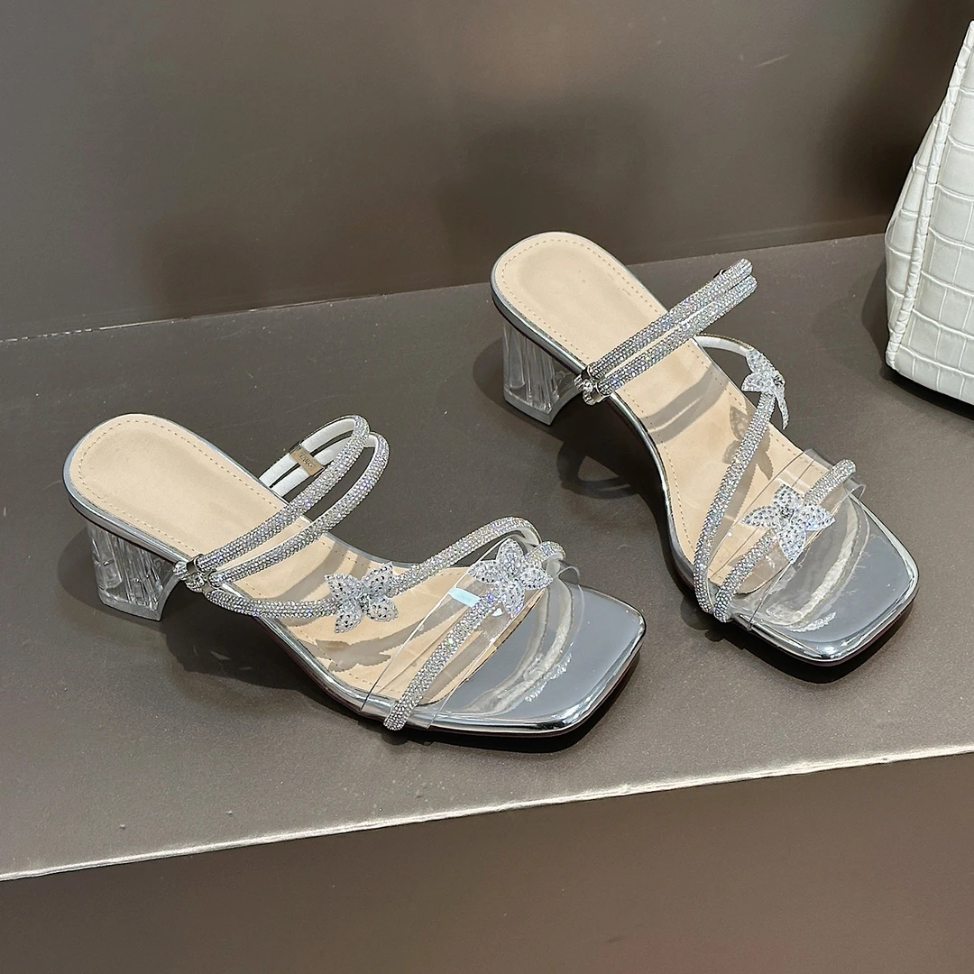 水钻水晶拖鞋女2025新款配裙子粗跟软底不累脚高跟鞋仙女风凉拖鞋