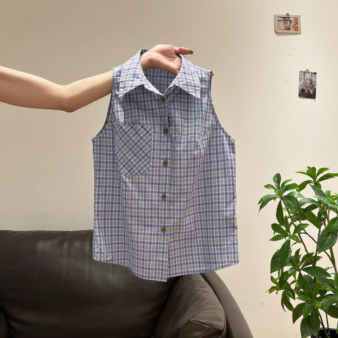 韩系复古格子口袋纽扣无袖衬衫女2025新款夏季显瘦百搭休闲短上衣