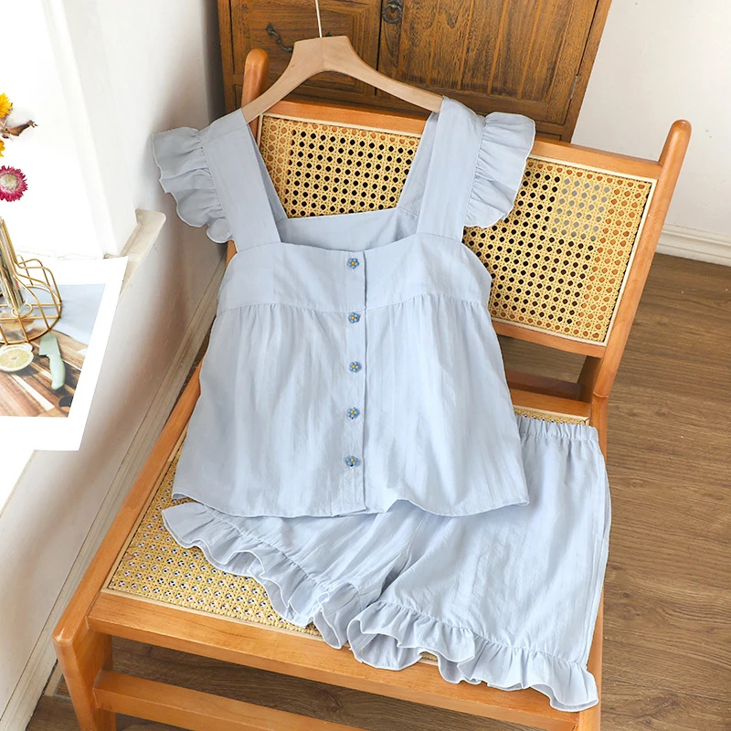 纯棉纱布睡衣女夏季薄款日系文艺小清新吊带背心短裤奶辣风家居服