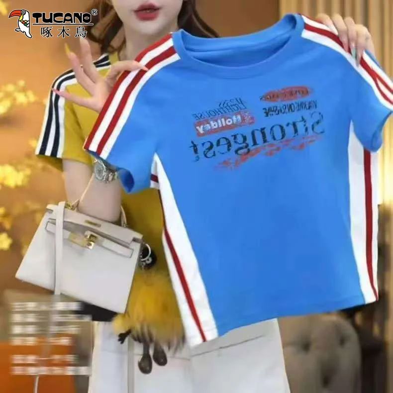 啄木鸟欧货短袖t恤女条纹拼接夏季2025新款宽松显瘦百搭上衣女潮
