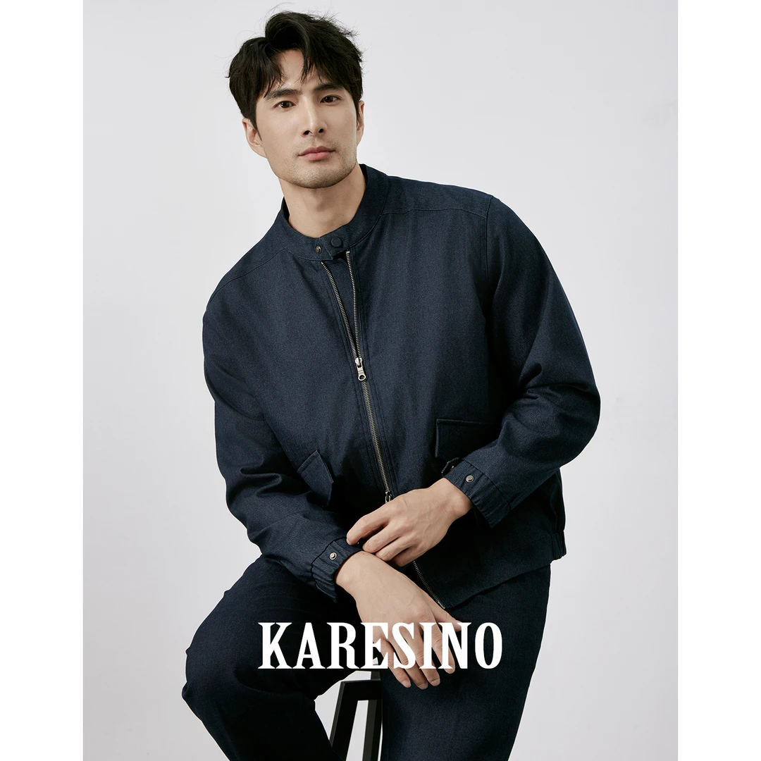 KARESINO秋季休闲短款简约立领夹克男士复古牛仔蓝双拉链夹克外套