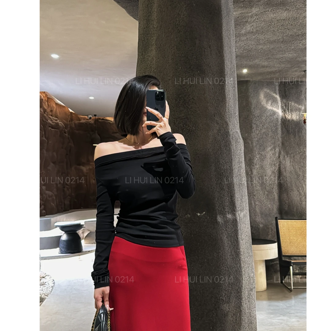 LIHUILIN/早春新款！高品质极简性感一字肩上衣长袖打底