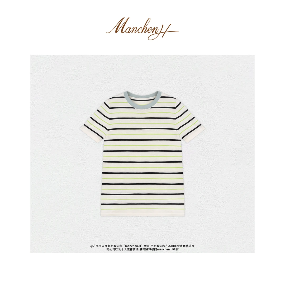 Manchenh"清爽西海岸"客订丝光烧毛棉超细针20针缝盘条纹短袖