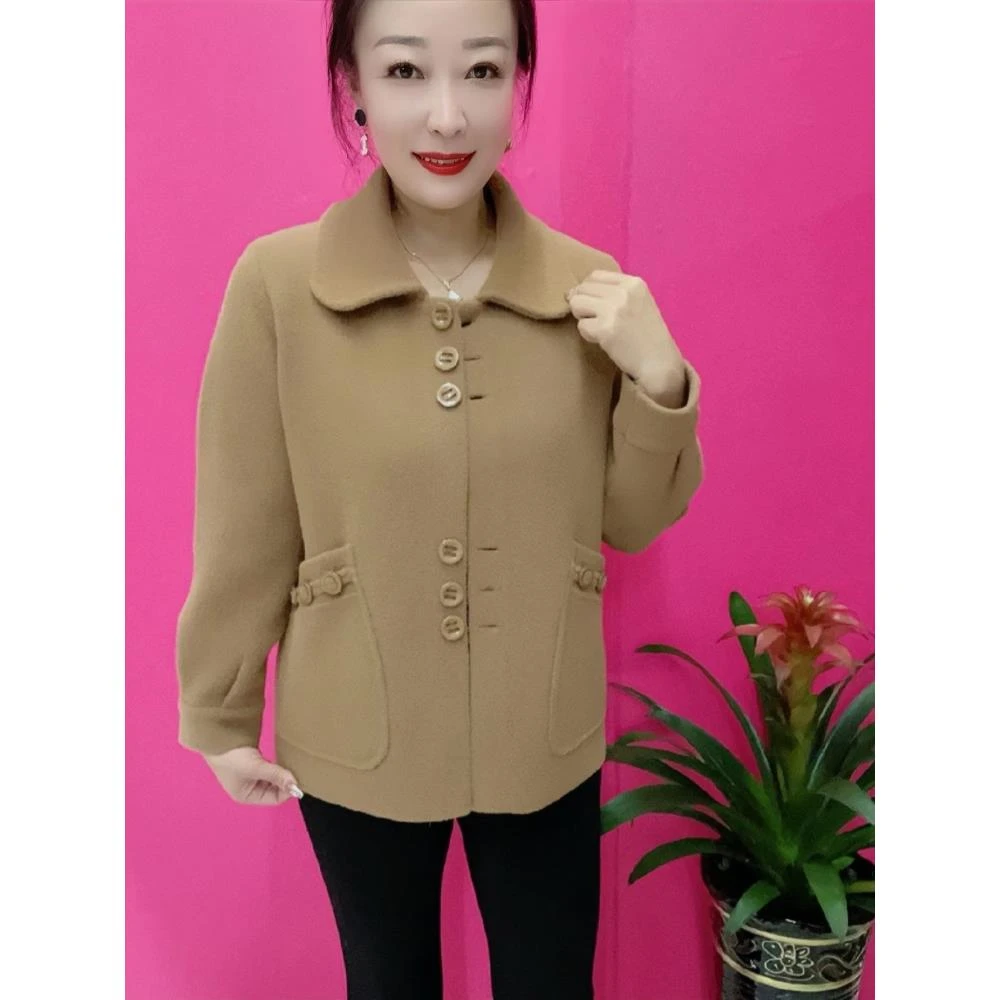 时尚妈妈外衣女秋冬简约仿毛呢外套短款加厚双面绒方领百搭开衫女