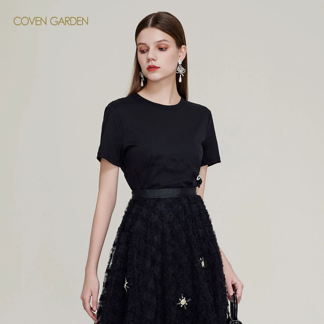 哥文花园 夏季高级感拼接上衣修身短袖T恤CTA1024340