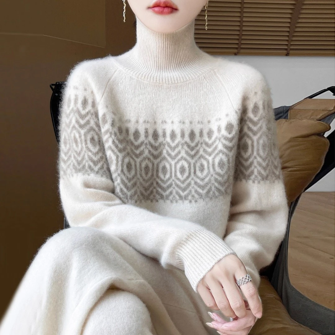 高级感羊毛衫女秋冬加厚高领韩版宽松毛衣时尚提花内搭针织打底衫