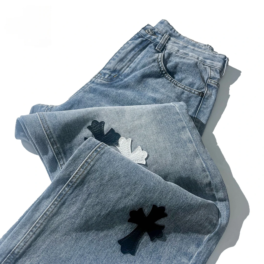 美式简约高街水洗克罗地亚十字架牛仔裤男宽松直筒潮牌阔腿长裤子