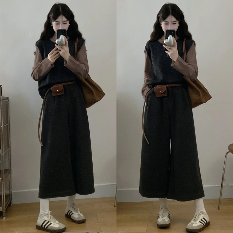 大码胖mm秋季新款遮肚显瘦女装韩系灰色针织拼接假两件t恤套装女