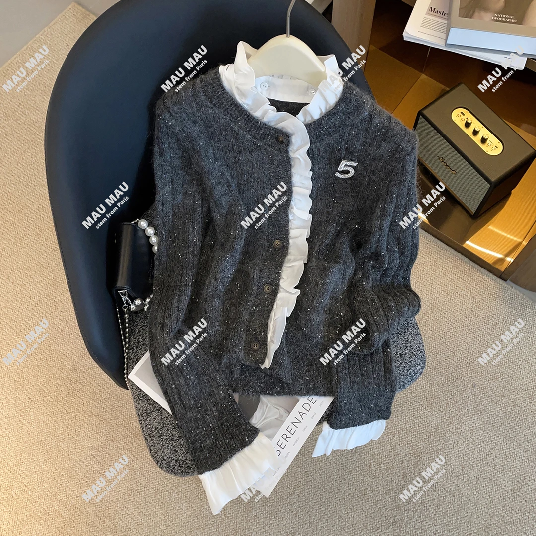 轻奢高端女装25秋冬季法式格雷系木耳边亮片毛针织开衫上衣DY8699