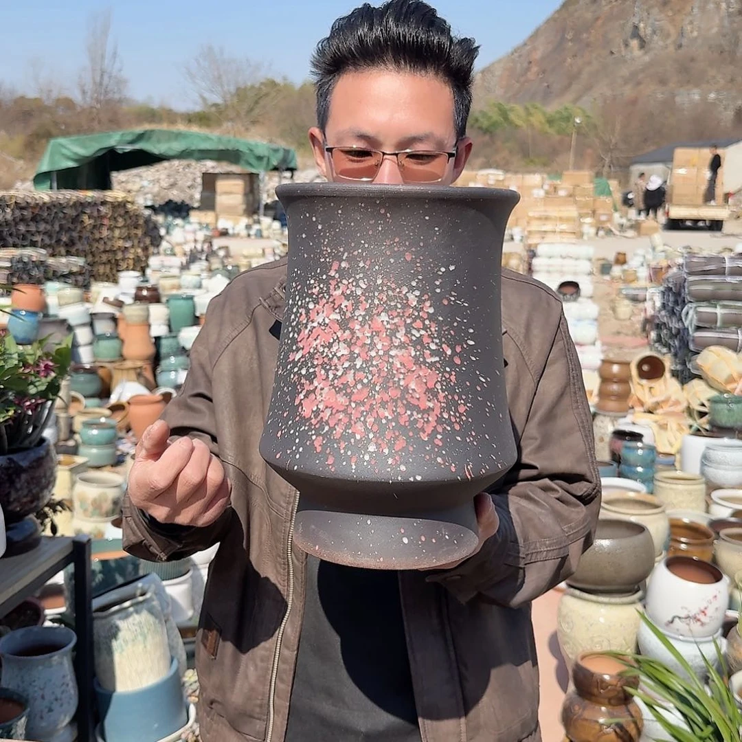 紫砂花盆口20高31（束腰黑色泼墨