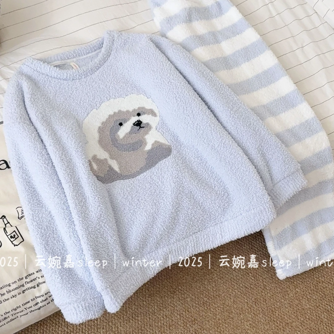 『雪白小狗』秋冬睡衣女法兰绒加厚加绒保暖冬季牛奶绒家居服套装