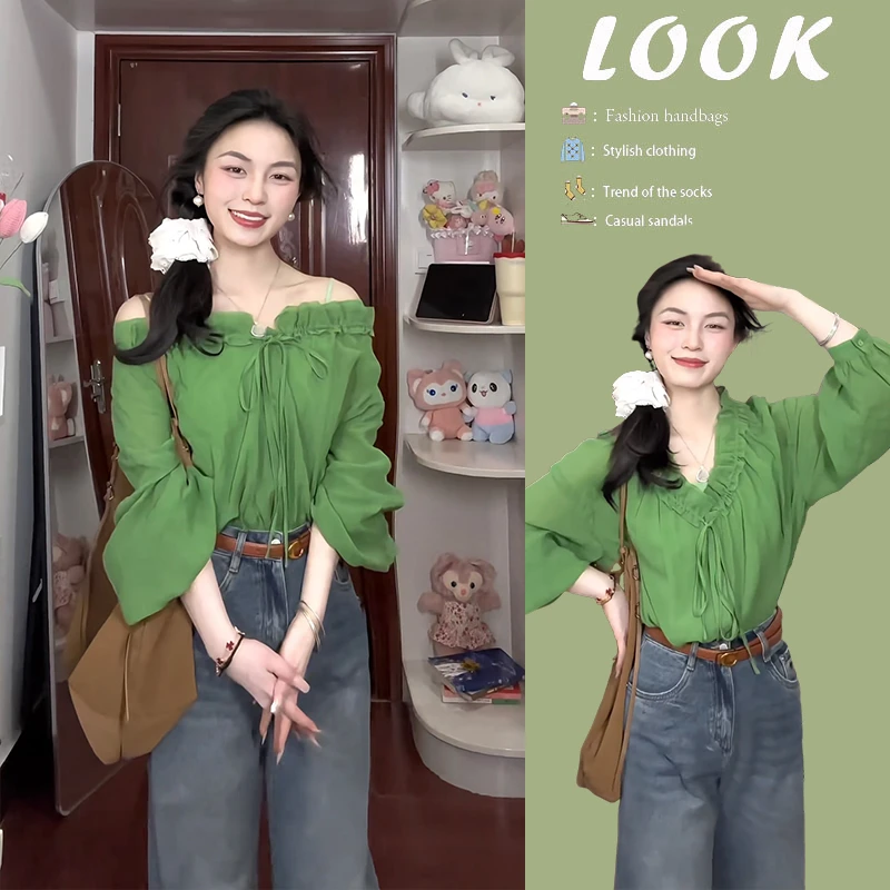 今年流行穿搭一整套2025新款设计感系带长袖上衣阔腿牛仔裤两件套