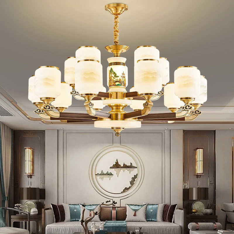 新中式全铜客厅吊灯实木灯具禅意中国风农村自建房别墅中山灯具