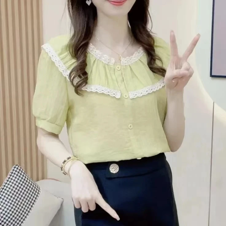歌玲兰花边拼接时尚洋气百搭显瘦小众新款短袖上衣娃娃领减龄女装