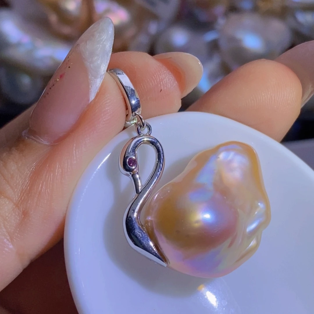 银S925镶嵌淡水珍珠天然珍珠无染色，无优化