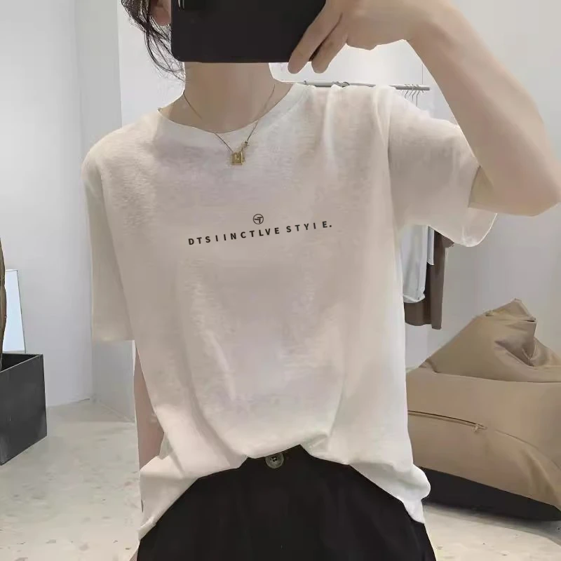 韩国雪花棉2025夏季新款白色短袖t恤女印花正肩宽松显瘦体恤上衣