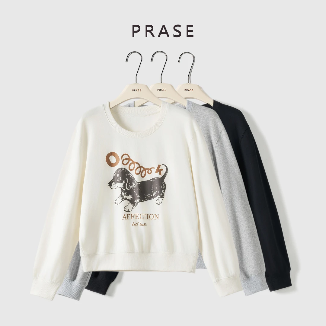 PRASE·噜【汪星漫步】微胖轻奢设计款秋女休闲短款印花卫衣PR507C25