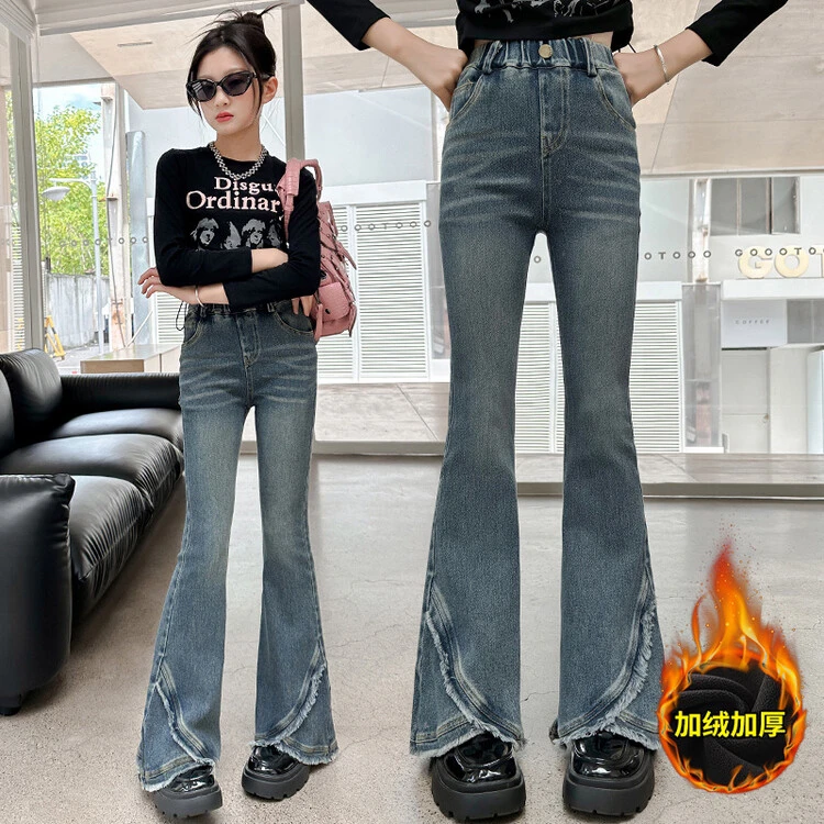 女童儿童牛仔裤时尚C类微喇叭牛仔裤加厚百搭喇叭裤加绒加厚开叉