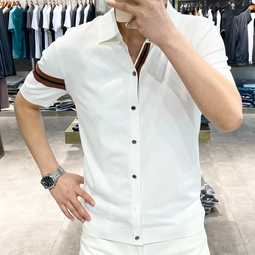 男士polo衫男短袖冰丝针织套头2025新款夏季修身翻领条纹简约款