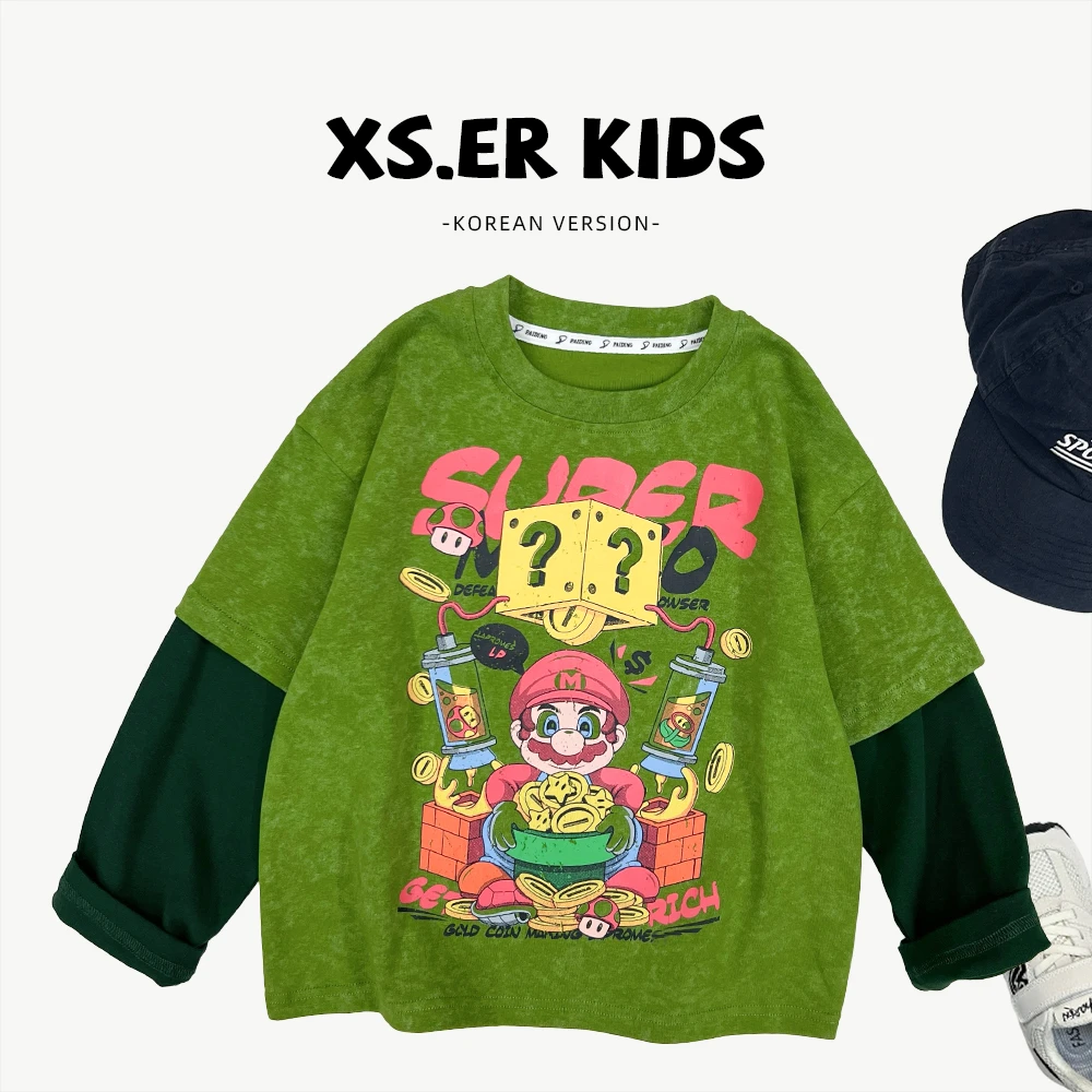 【小首尔】现货-男女童秋季韩版潮流卡通印花假两件长袖T恤HBB7861