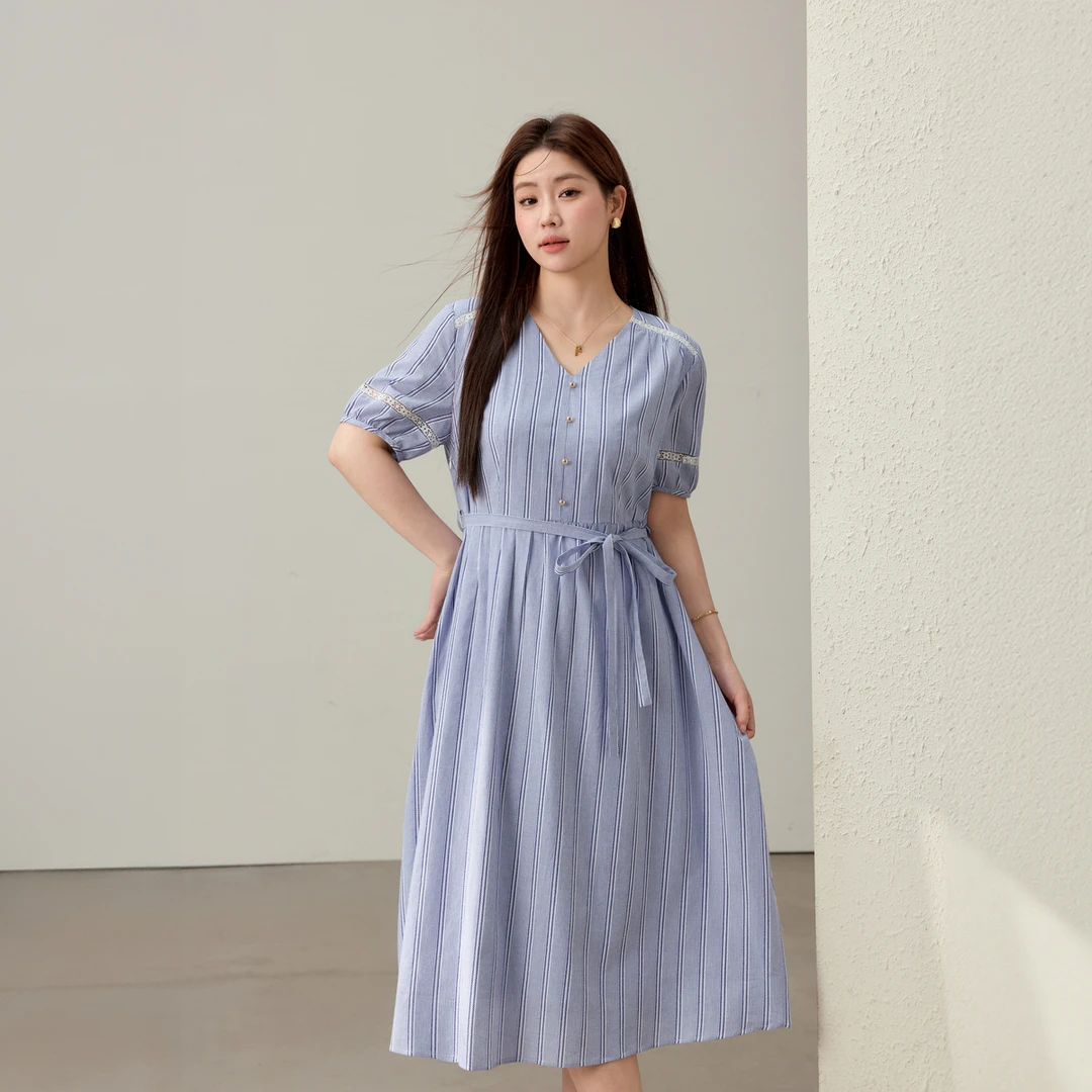 【气质V领系带收腰连衣裙】纤莉秀大码女装胖mm夏装新款QK1460