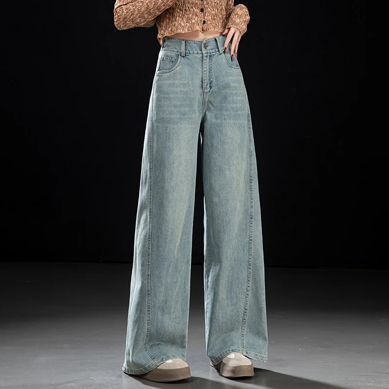 浅色设计感阔腿牛仔裤女2025春款高腰复古直筒裤垂感拖地宽松裤子