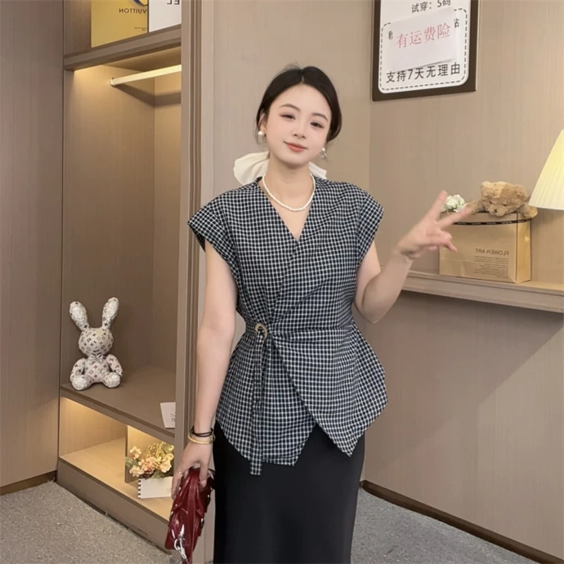 大林专属夏季新款V领褶皱显瘦气质格纹上衣9053