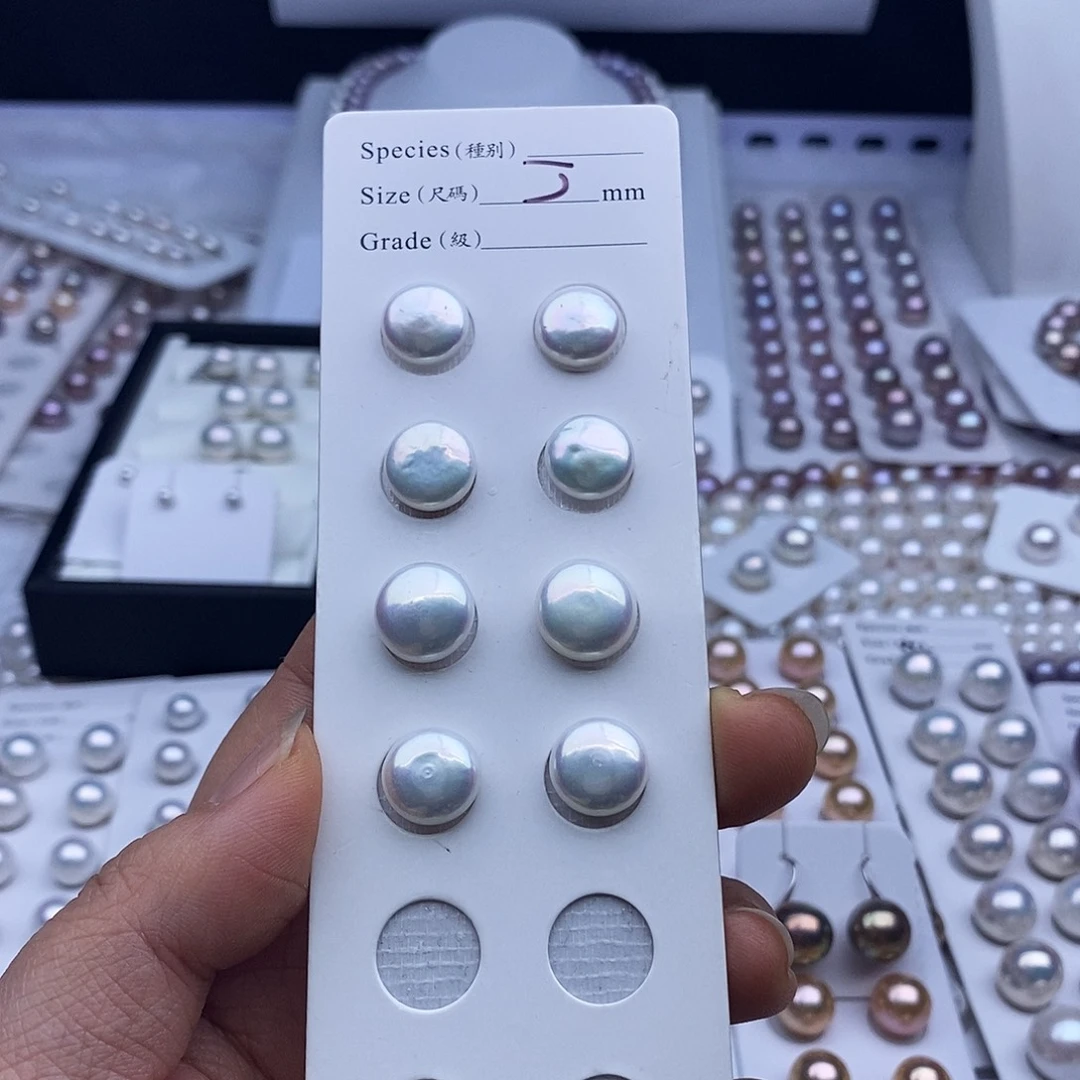 淡水珍珠耳饰银S925镶嵌11-12mm纽扣对珠50一对处理价