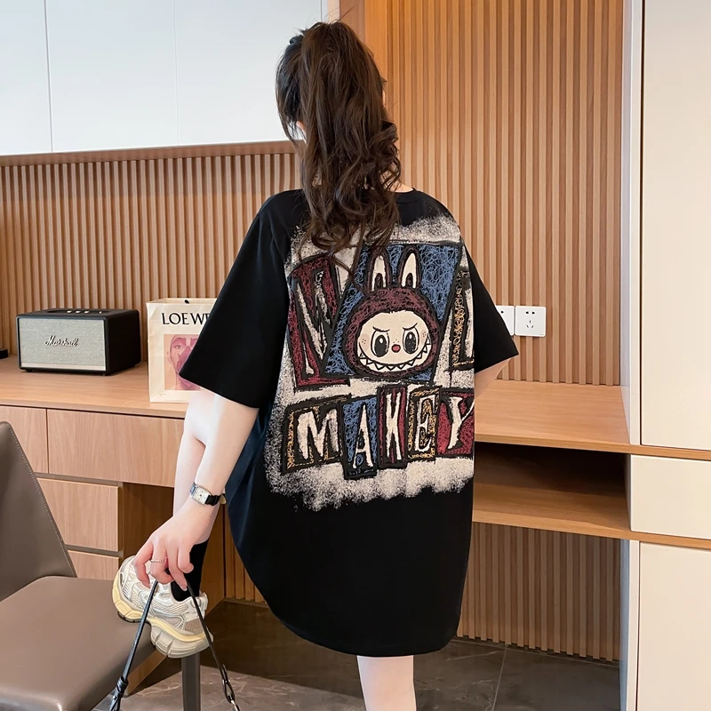 设计感卡通纯棉短袖T恤女夏季新款宽松中长款洋气休闲大码上衣潮