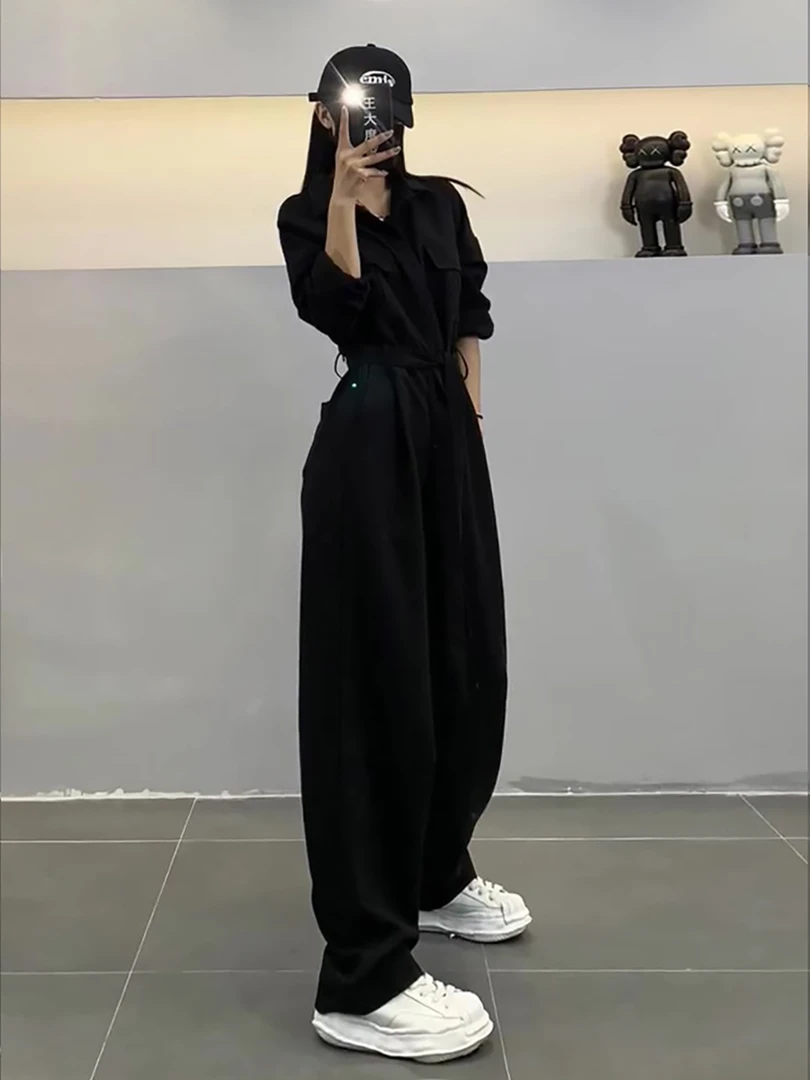 高个子工装风高级感阔腿裤春季韩版复古chic山本风黑色连体裤女装