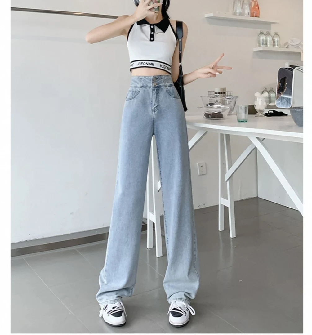 194 韩版高腰浅蓝色设计款直筒百搭牛仔裤（A18）