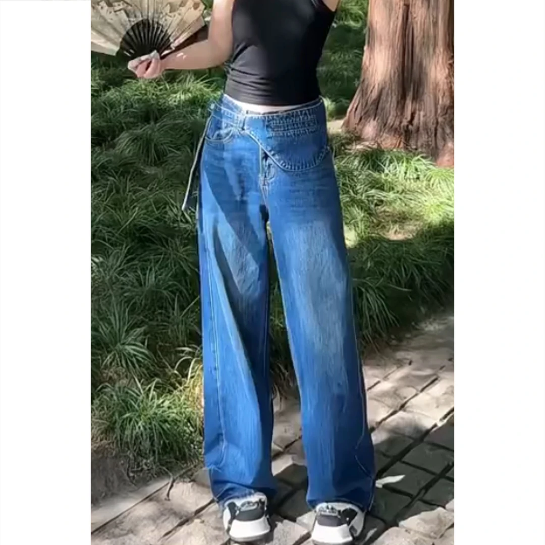 艾塔莉显瘦做旧腰封牛仔裤子秋季女设计感宽松阔腿裤长裤大码百搭