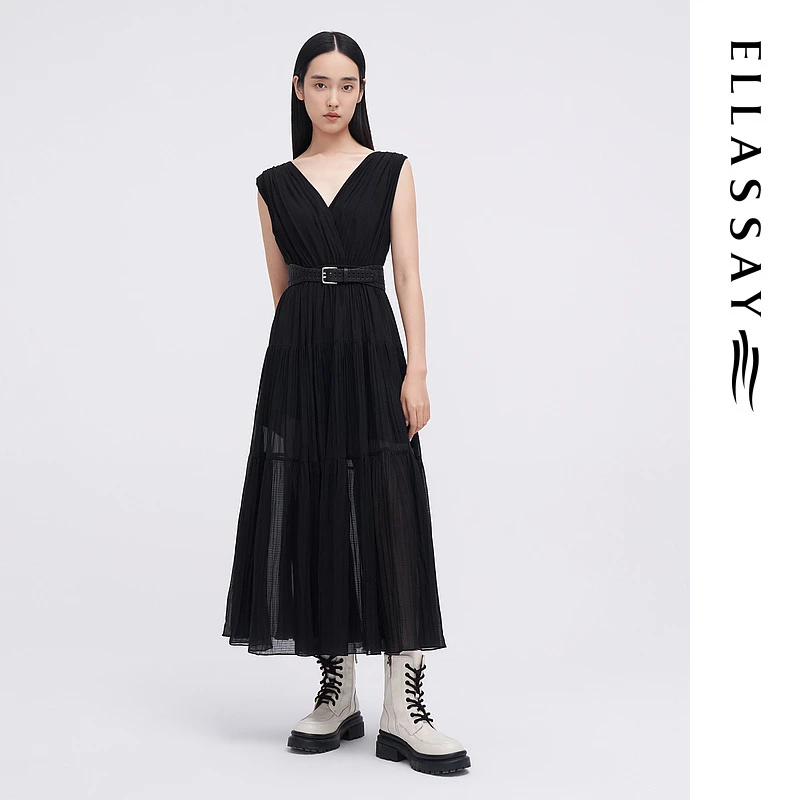 【晨粉专享价】歌力思夏季新款丝棉混纺压褶连衣裙女Y161