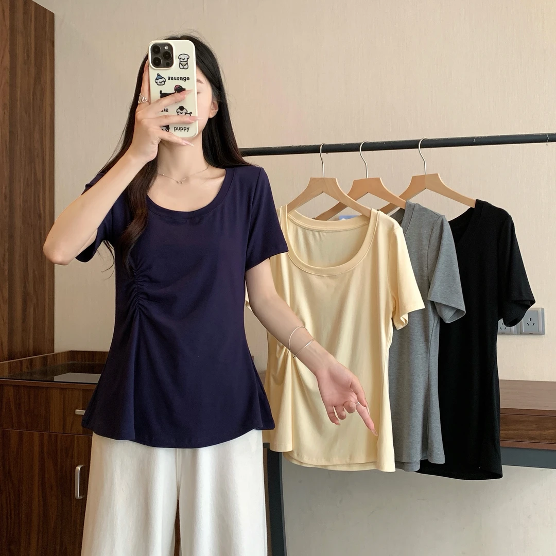 2025年大码女装夏季新款基础款收腰显瘦抽褶短袖T恤3290
