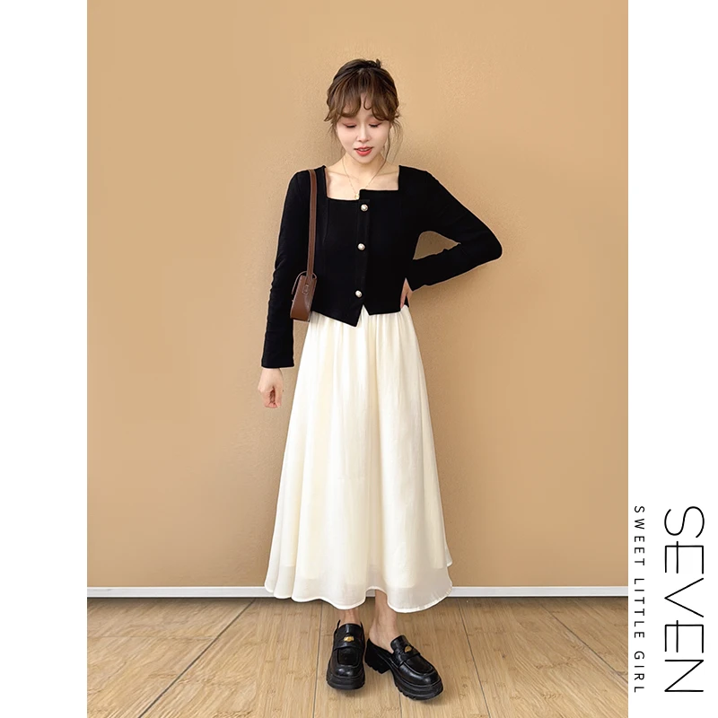 假两件天丝裙③七七146小个子天丝棉混纺撞色气质连衣裙女款小美说