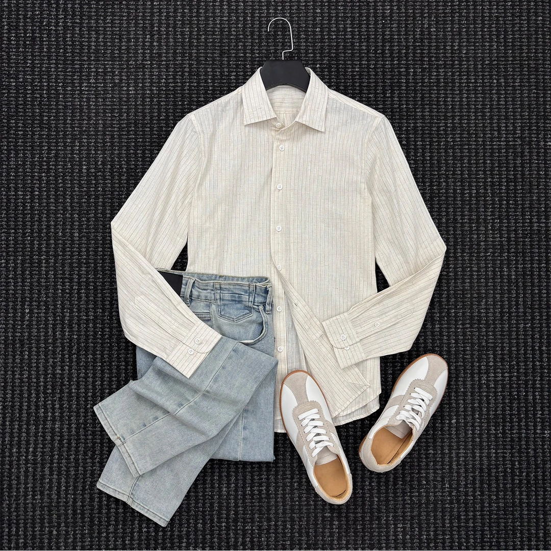 男士商务高级感纯棉条纹衬衣修身通勤休闲时尚百搭免烫衬衫长袖