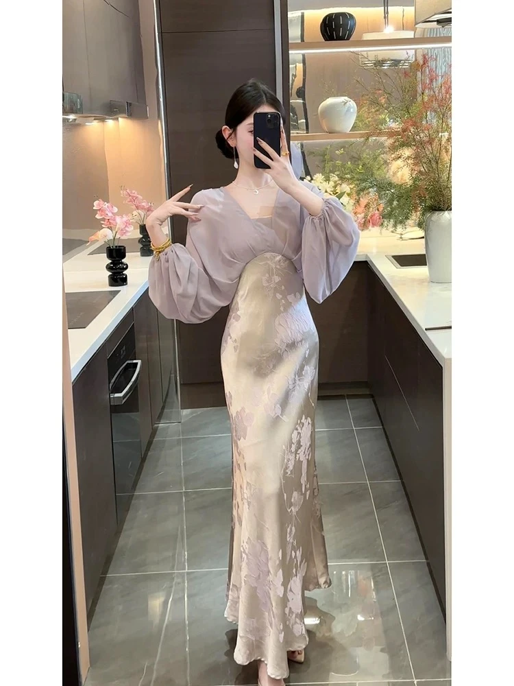 拼接假两件提花长袖连衣裙女夏季缎面鱼尾裙气质收腰裙子包臀长裙