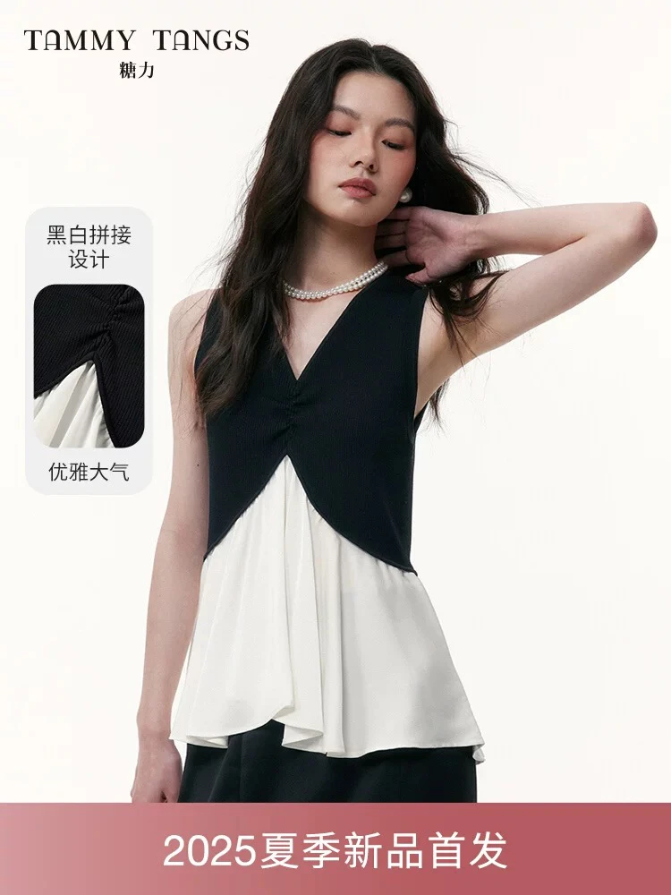 【商场同款】糖力2025夏季新款黑白拼色无袖针织衫上衣女X型修身